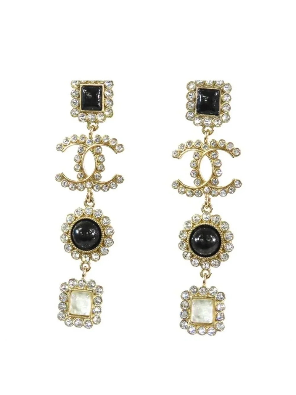 Chanel Drop Earrings Gold Metal Rhinestone CC Logo